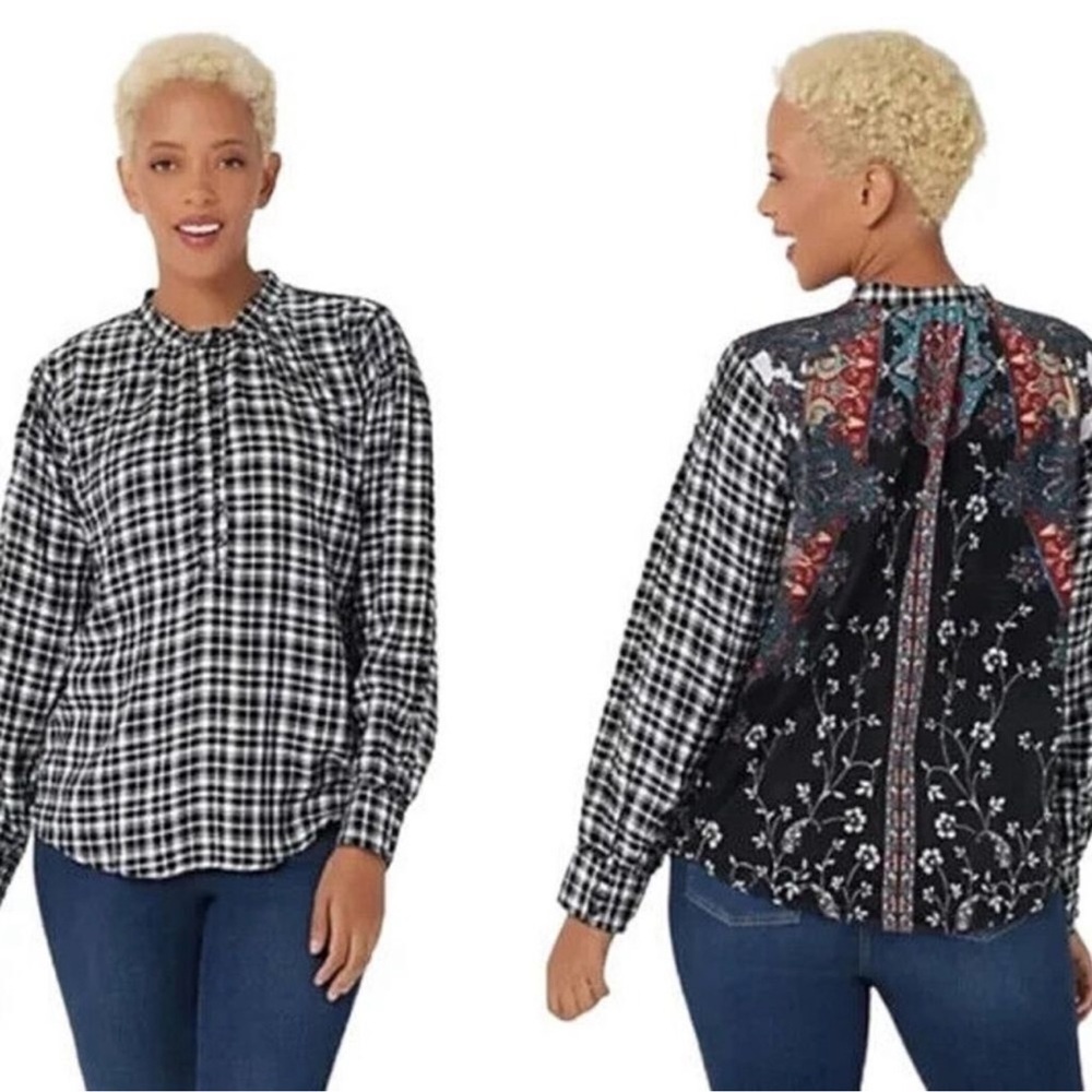 Tolani Adyna‎ Plaid Mixed Media Velvet & Flannel Blouse Size XL